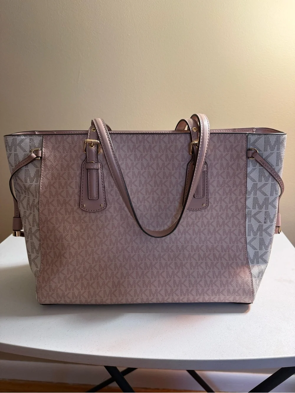 Michael Kors Blush Pink and Cream Signature Tote with Gold Hardware